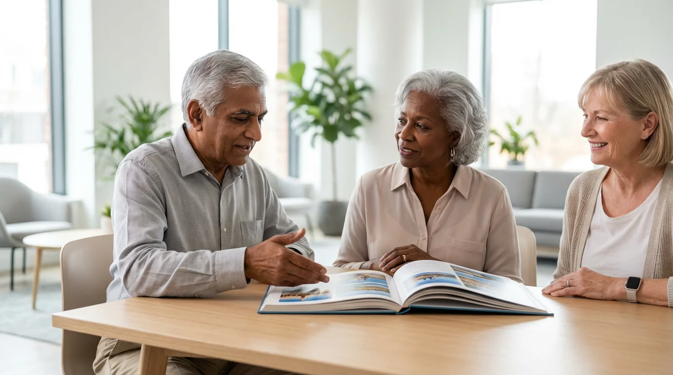 A diverse group of three seniors cheerfully learning together in a sunlit room.