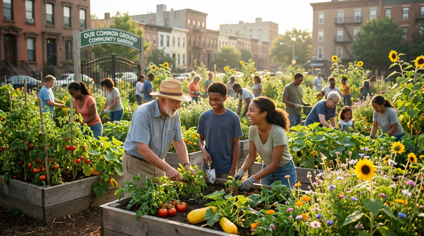A diverse group of volunteers works together in a sunny urban community garden.