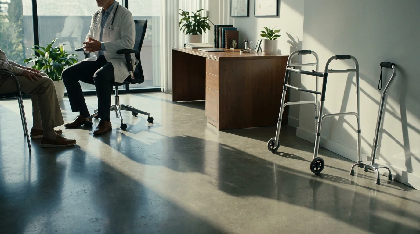 A doctor's office in the afternoon with a walker and cane against the wall.