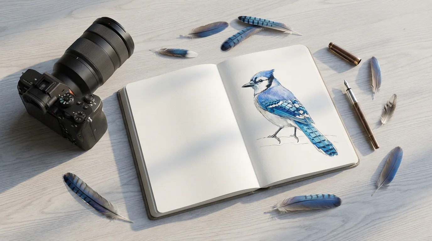 A flat lay of a camera and an open journal with a blue jay sketch.
