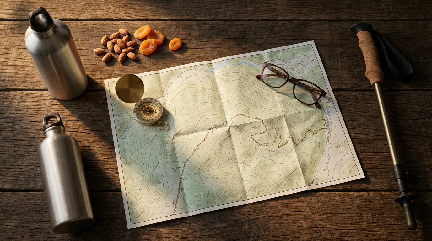 A flat lay of a hiking map, compass, and other trail gear.