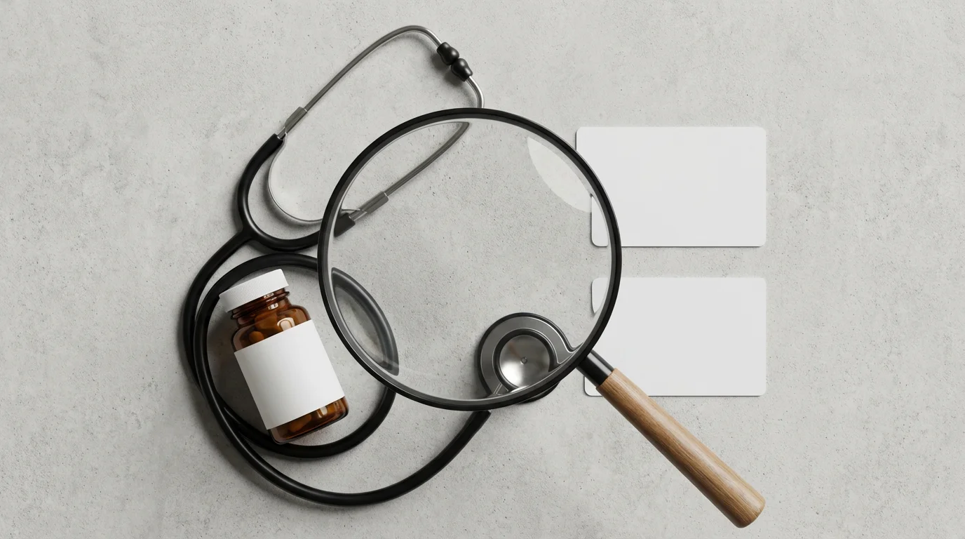 A flat lay of a magnifying glass examining a stethoscope and pill bottle.