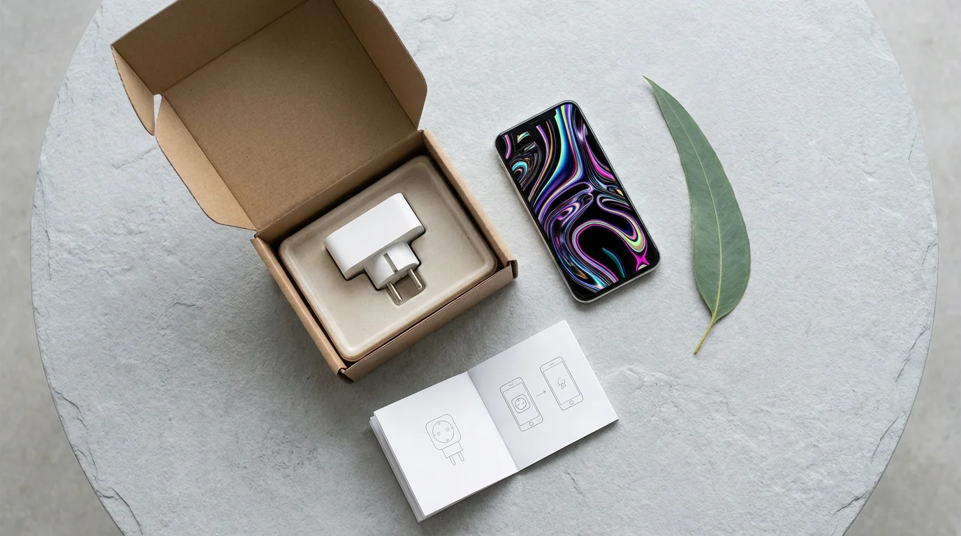 A flat lay of a new smart plug, a smartphone, and setup instructions.
