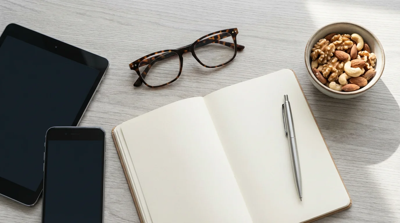 A flat lay of a notebook, glasses, tablet, and smartphone for choosing entertainment.