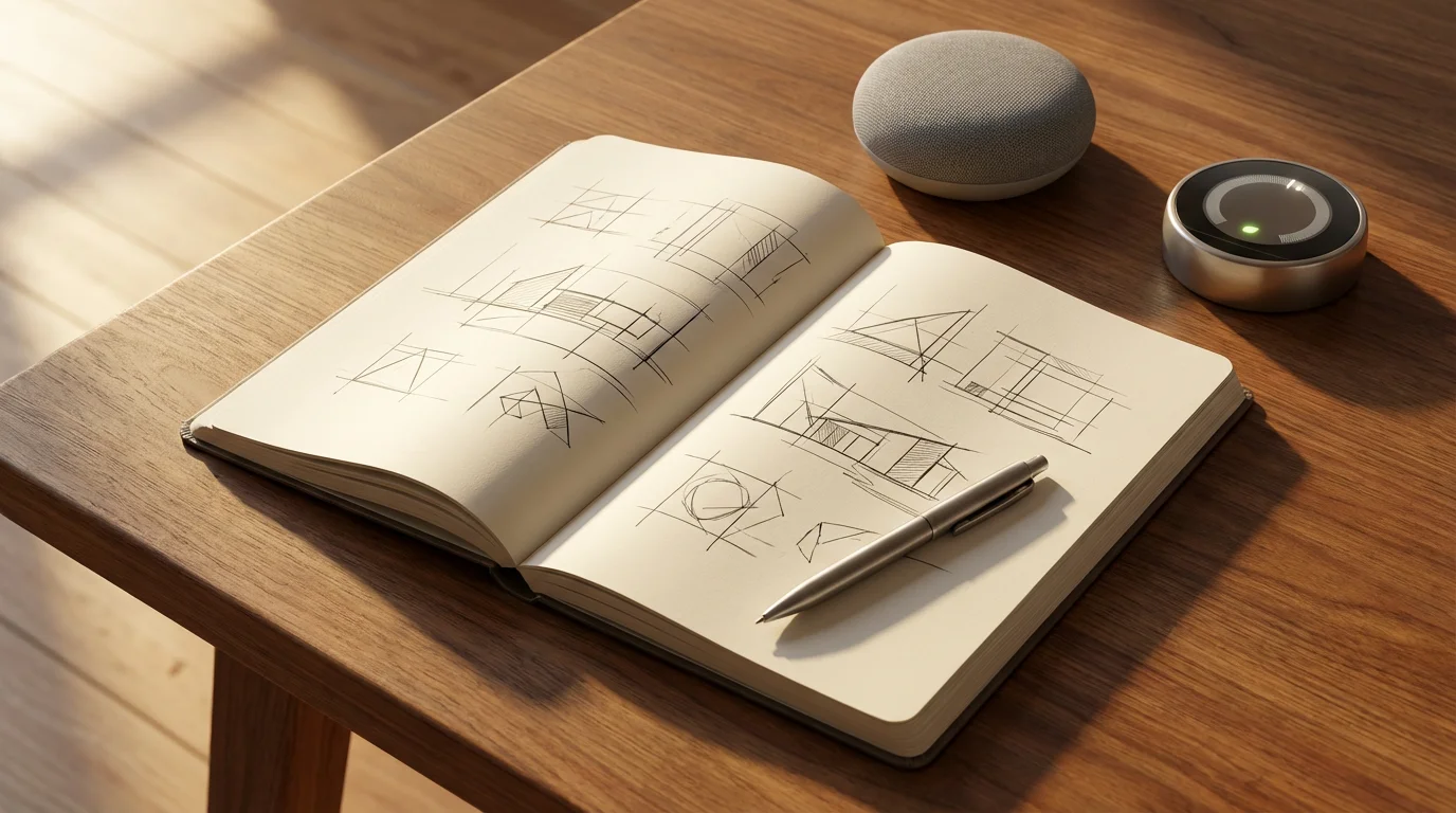 A flat lay of a notebook, pen, smart speaker, and thermostat on a wooden table.