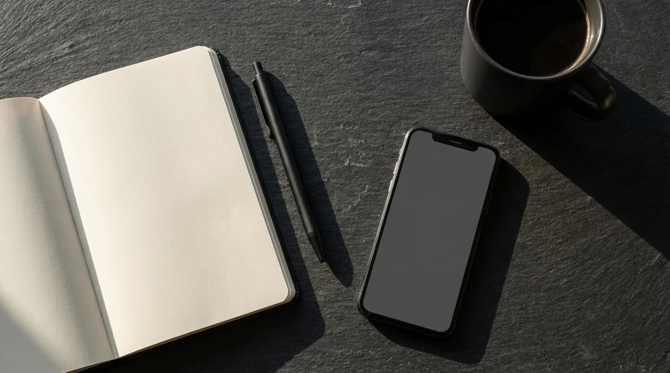A flat lay of a notebook, pen, smartphone, and coffee, prepared for setting up security.