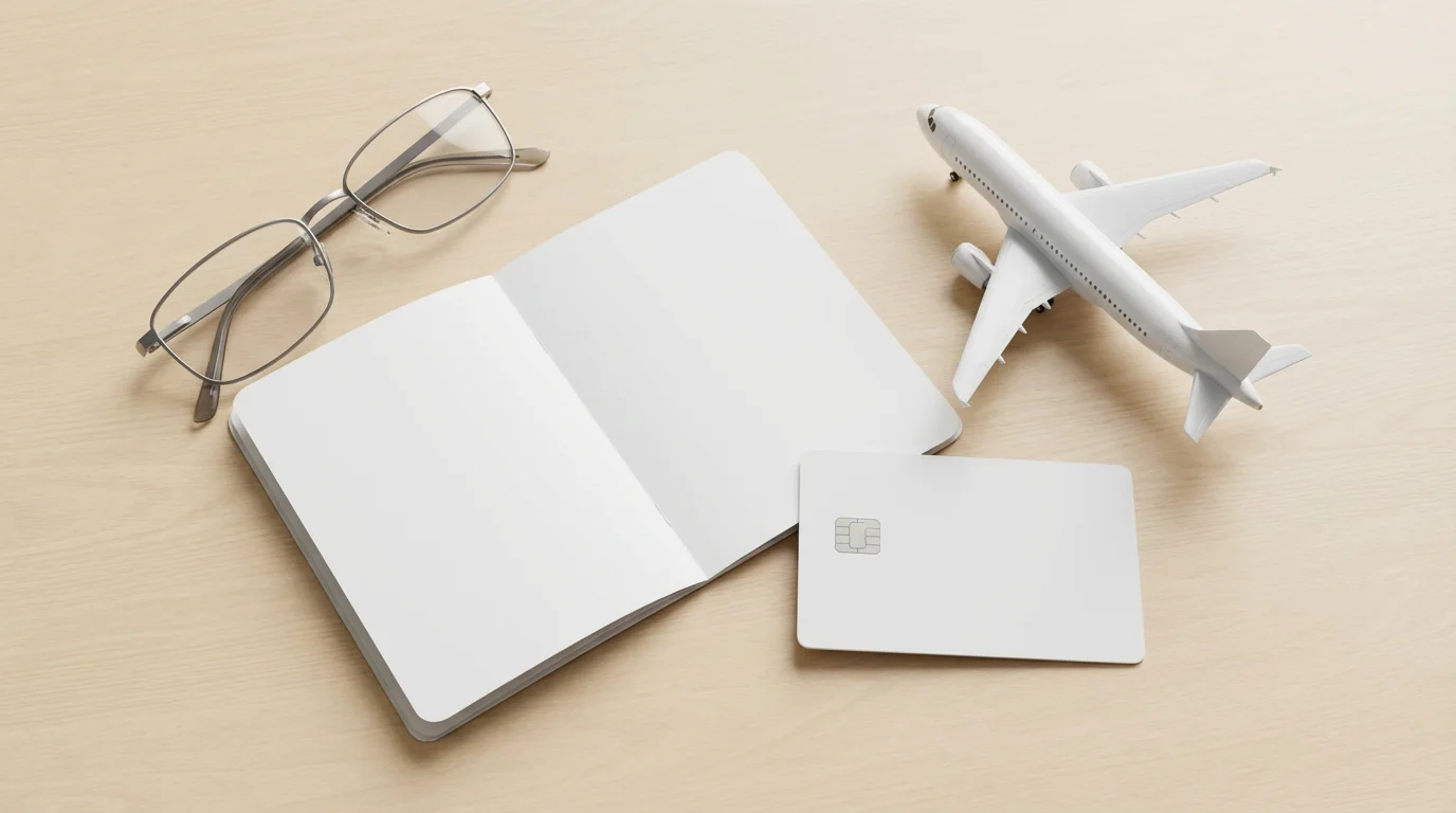 A flat lay of a passport, miniature airplane, credit card, and reading glasses.