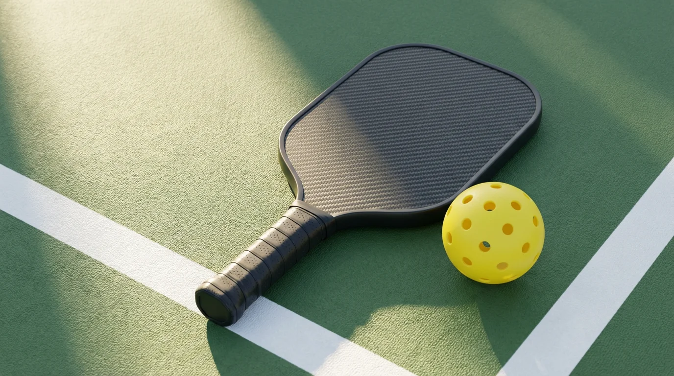 A flat lay of a pickleball paddle and a yellow ball on a court.