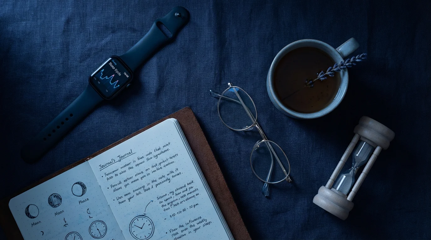 A flat lay of a sleep journal, smartwatch with sleep graph, and herbal tea.