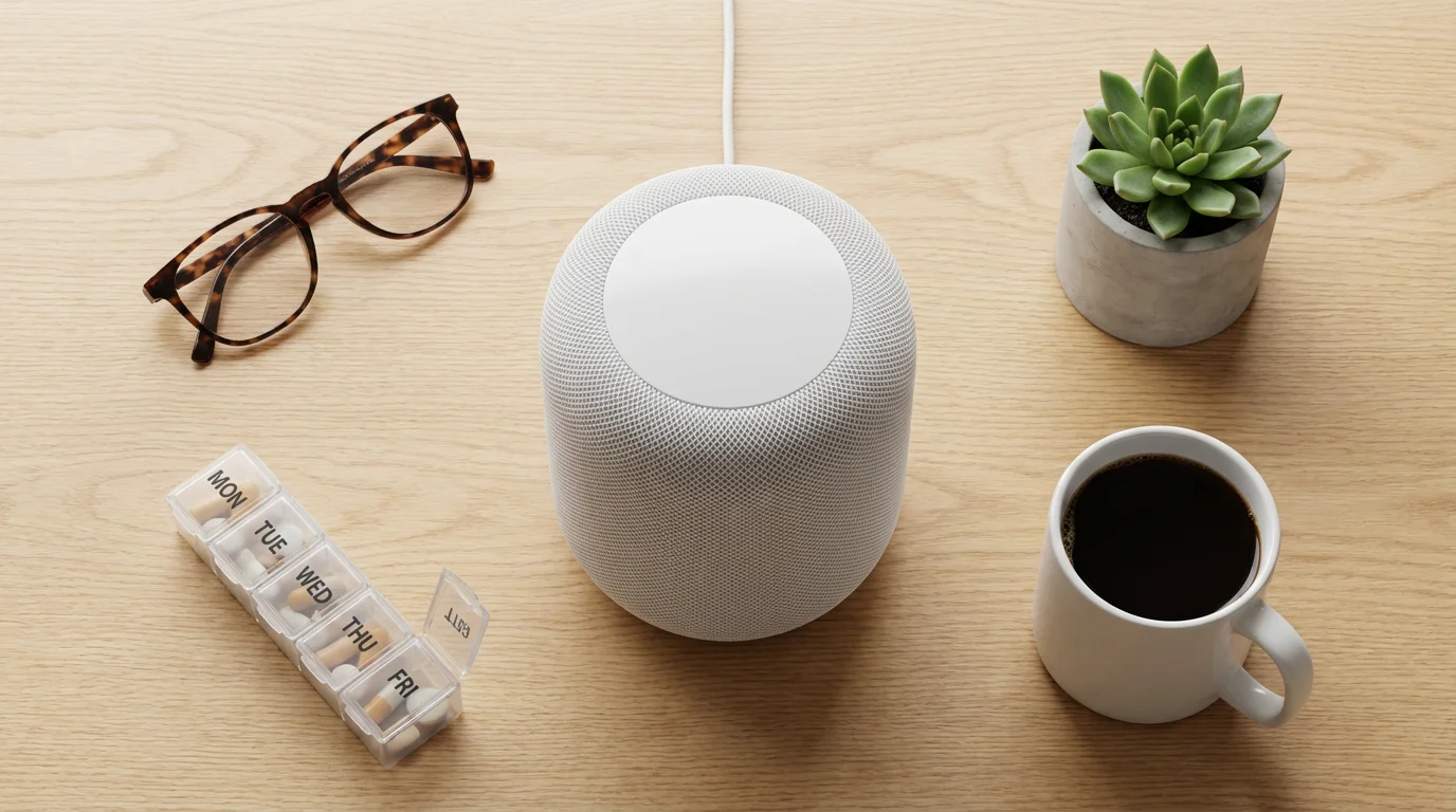 A flat lay of a smart speaker surrounded by coffee, glasses, and a pill organizer.