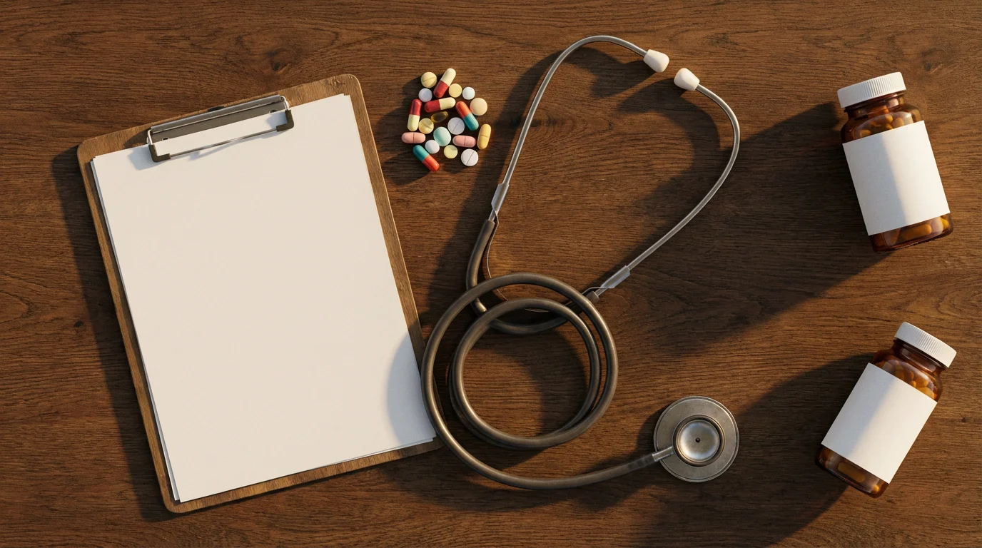 A flat lay of a stethoscope, clipboard, and various pills on a wooden table.
