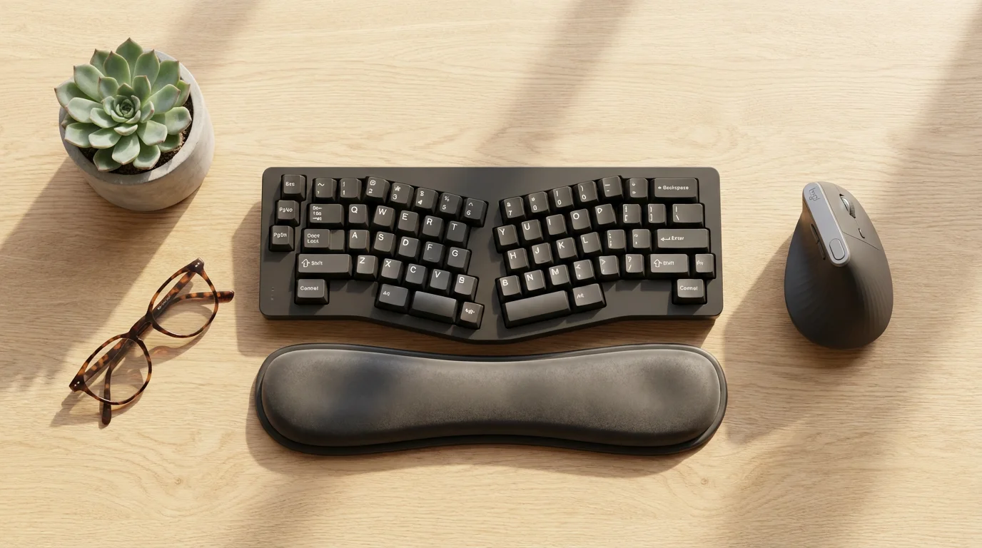 A flat lay of an ergonomic keyboard, vertical mouse, and reading glasses on a desk.