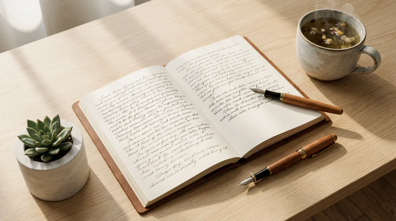 A flat lay of an open journal, pen, succulent, and cup of tea.