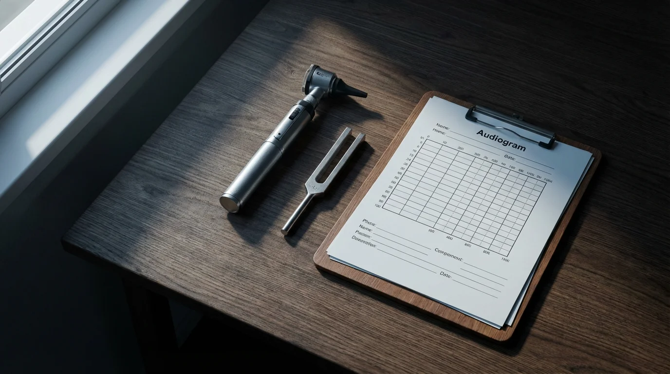 A flat lay of audiology tools, including an otoscope, on a wooden desk.