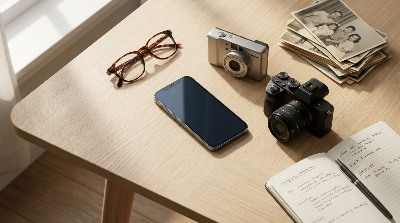 A flat lay of camera options including a smartphone, notebook, and old photos.