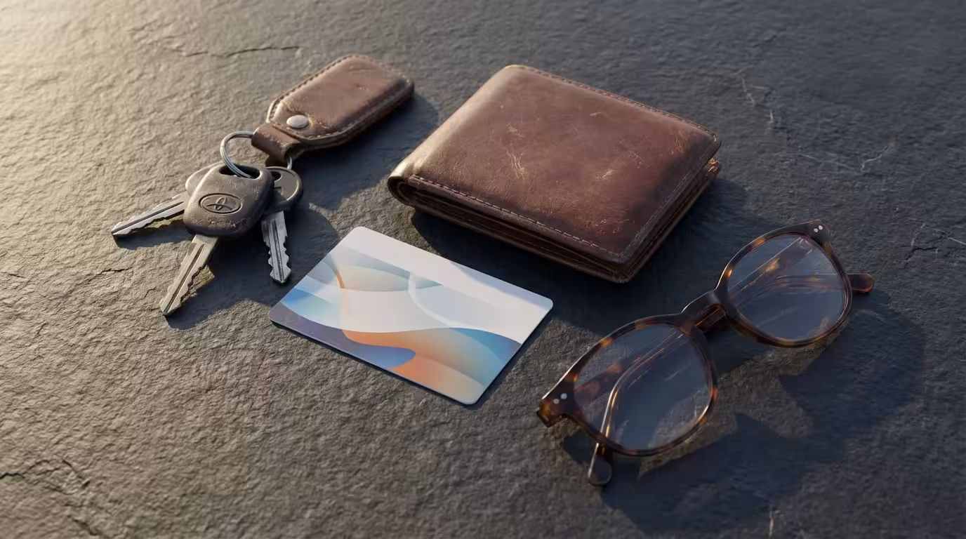 A flat lay of car keys, a wallet, and a transit pass representing senior mobility.