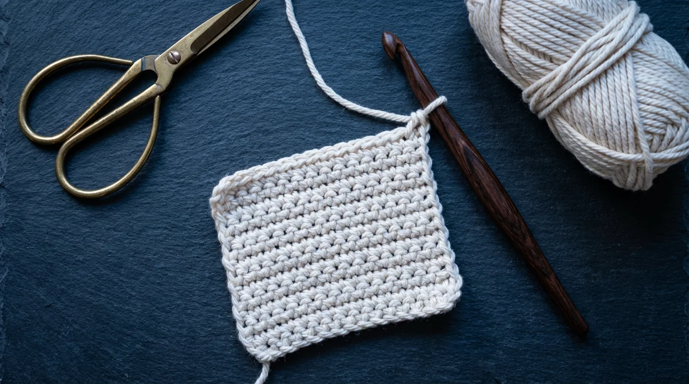 A flat lay of crochet basics: yarn, hook, scissors, and a single crochet swatch.