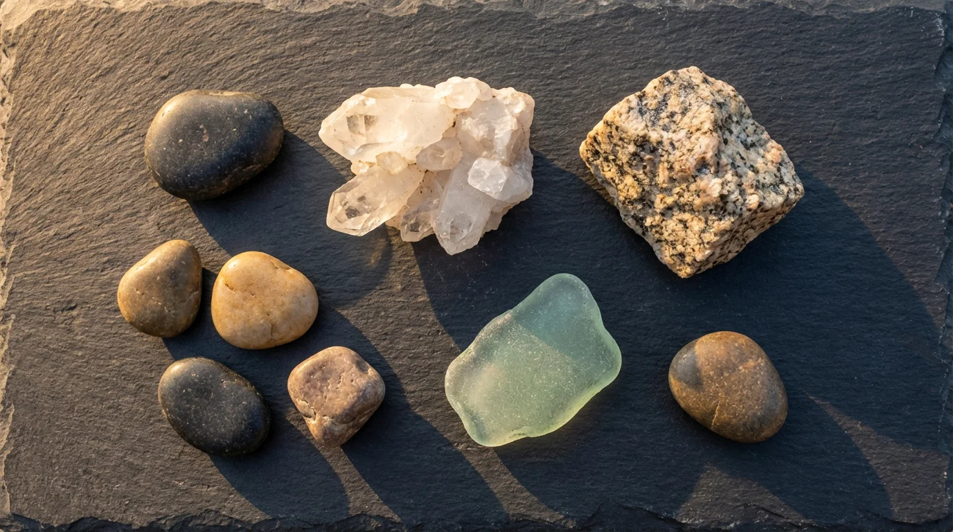 A flat lay of diverse stones, a crystal, and sea glass on a slate surface.