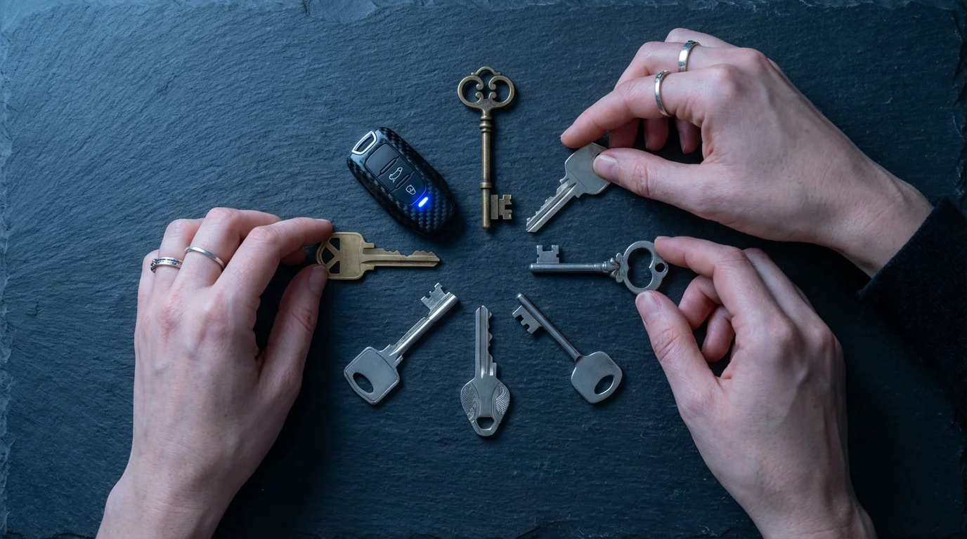A flat lay of hands methodically arranging a series of unique, modern keys on a dark surface.