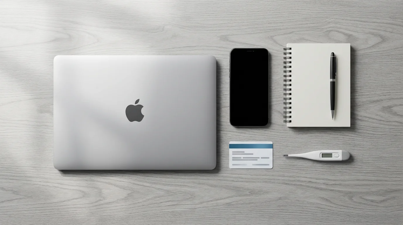A flat lay of items for a telehealth appointment: a laptop, notebook, and thermometer.