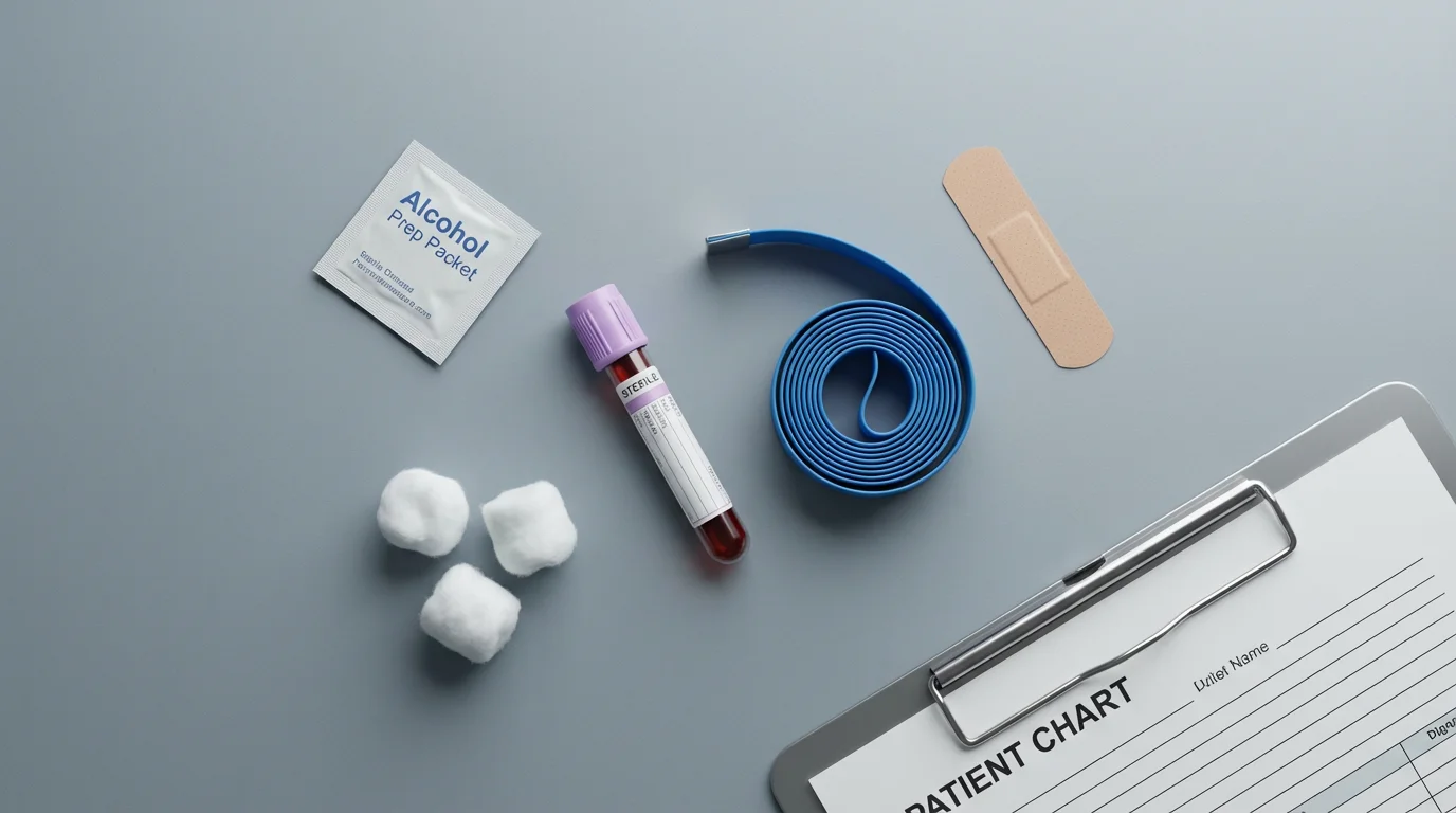 A flat lay of medical items for a vitamin D blood test on a gray surface.