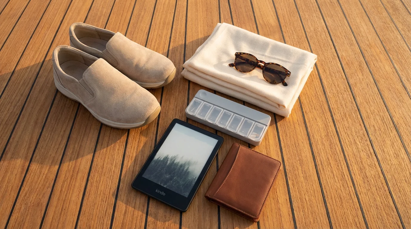 A flat lay of senior cruise travel essentials, including shoes, a shawl, and sunglasses.