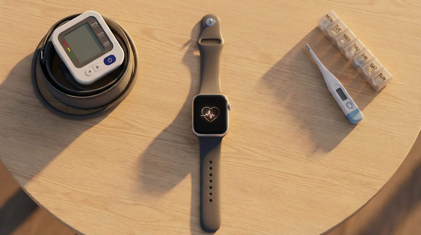 A flat lay of senior health tech, including a smartwatch and blood pressure monitor.