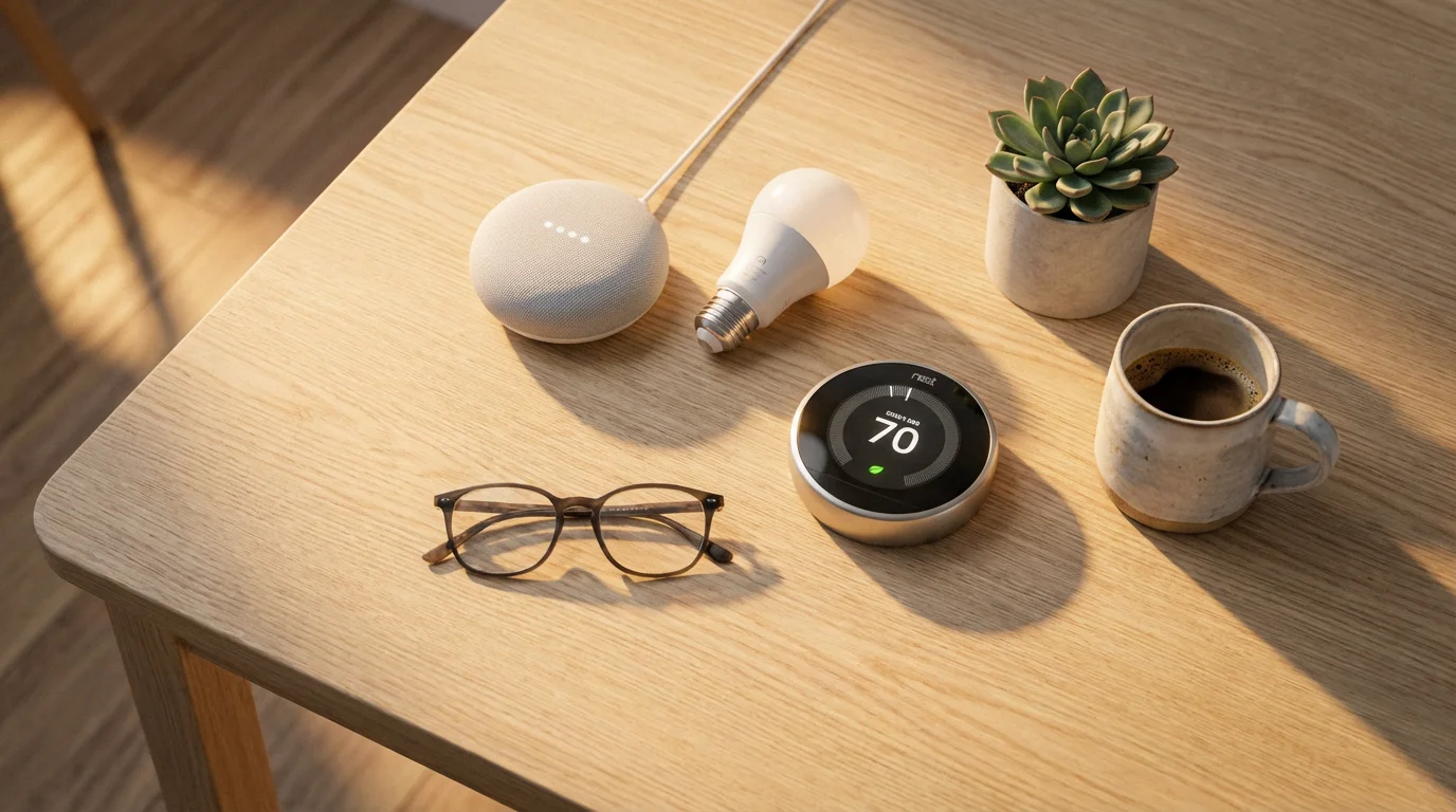 A flat lay of smart home devices like a speaker and light bulb on a table.