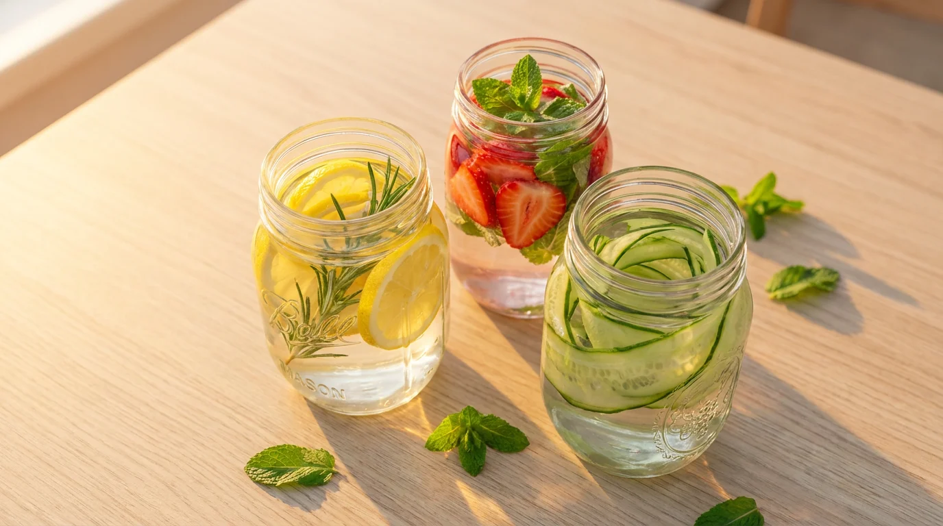 A flat lay of three glass jars filled with lemon, strawberry, and cucumber water.