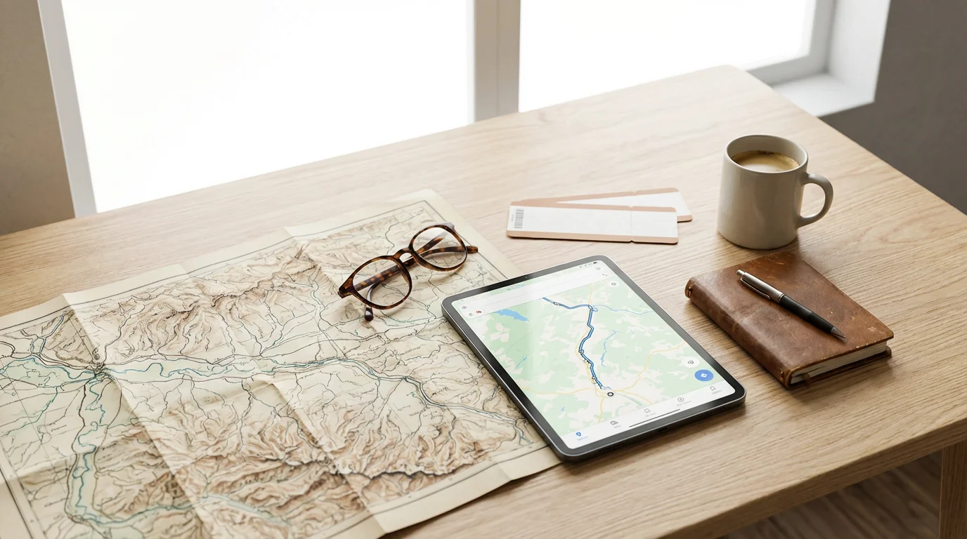 A flat lay of travel planning items including a map, tablet, and train tickets.