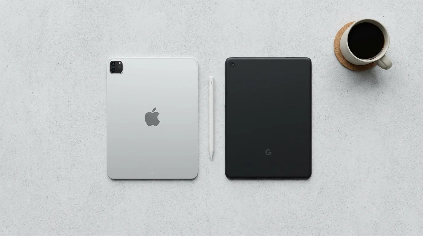 A flat lay of two different modern tablets side-by-side on a concrete surface.
