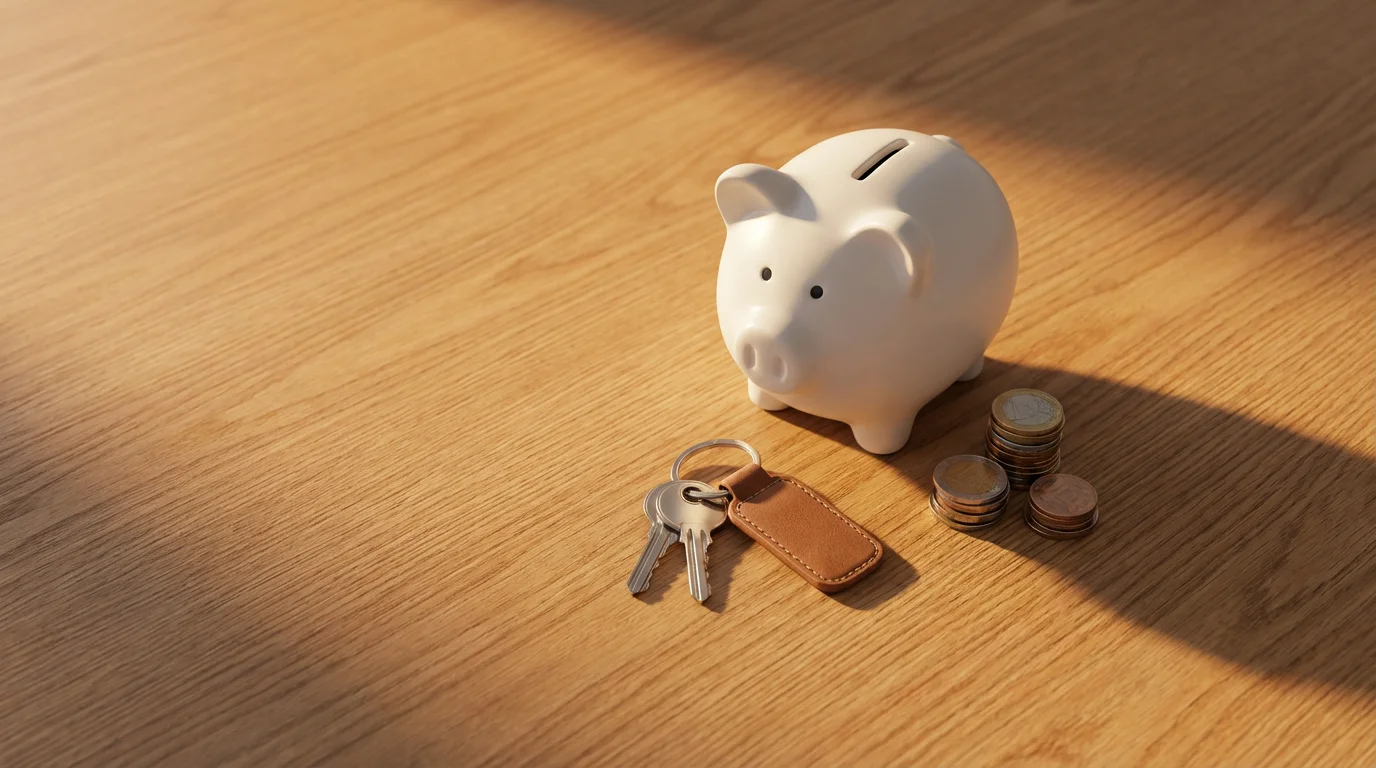 A flat lay photo of a piggy bank, house keys, and coins in warm light.
