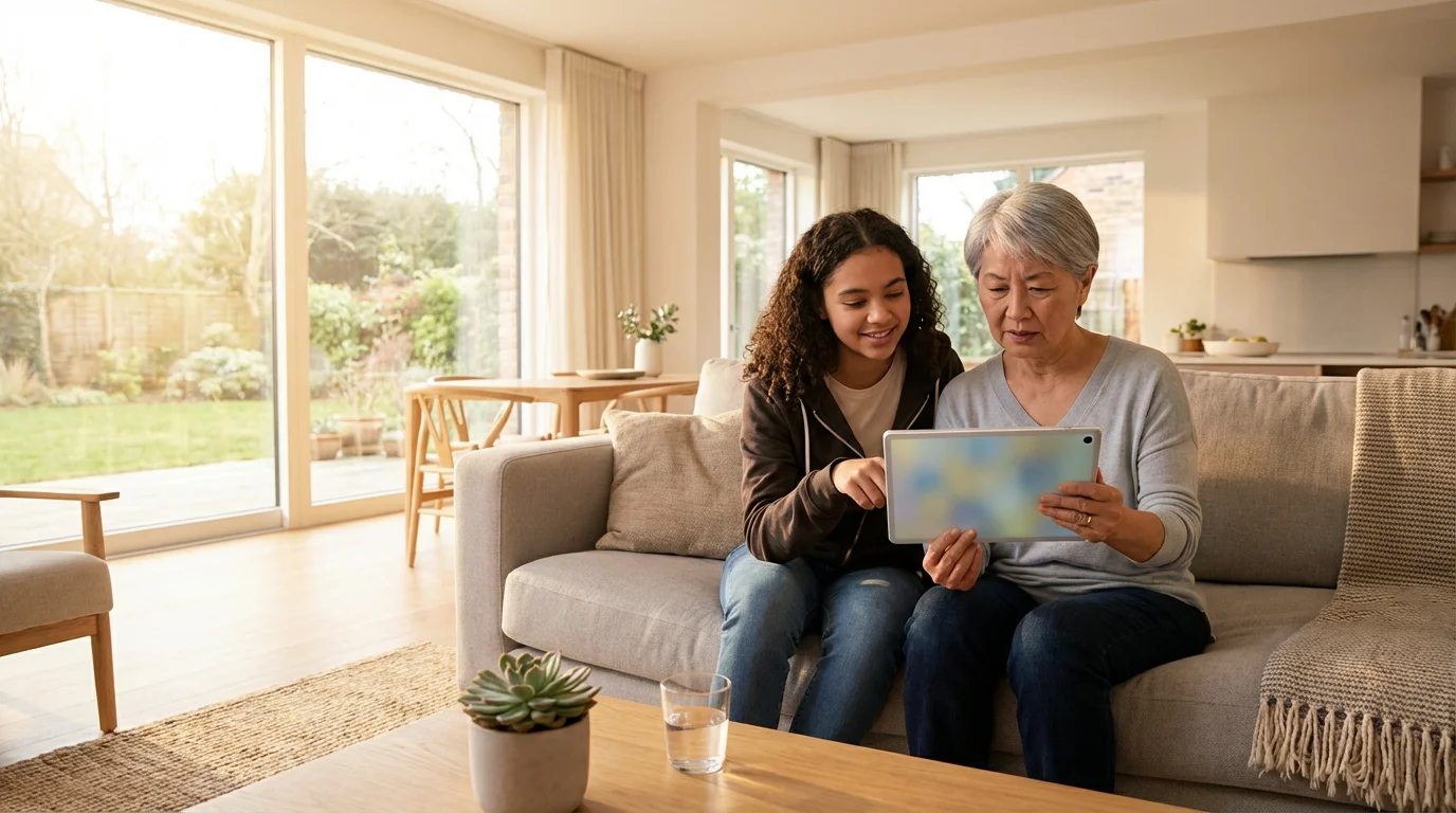 A granddaughter patiently helps her grandmother with a tablet in a sunny living room.