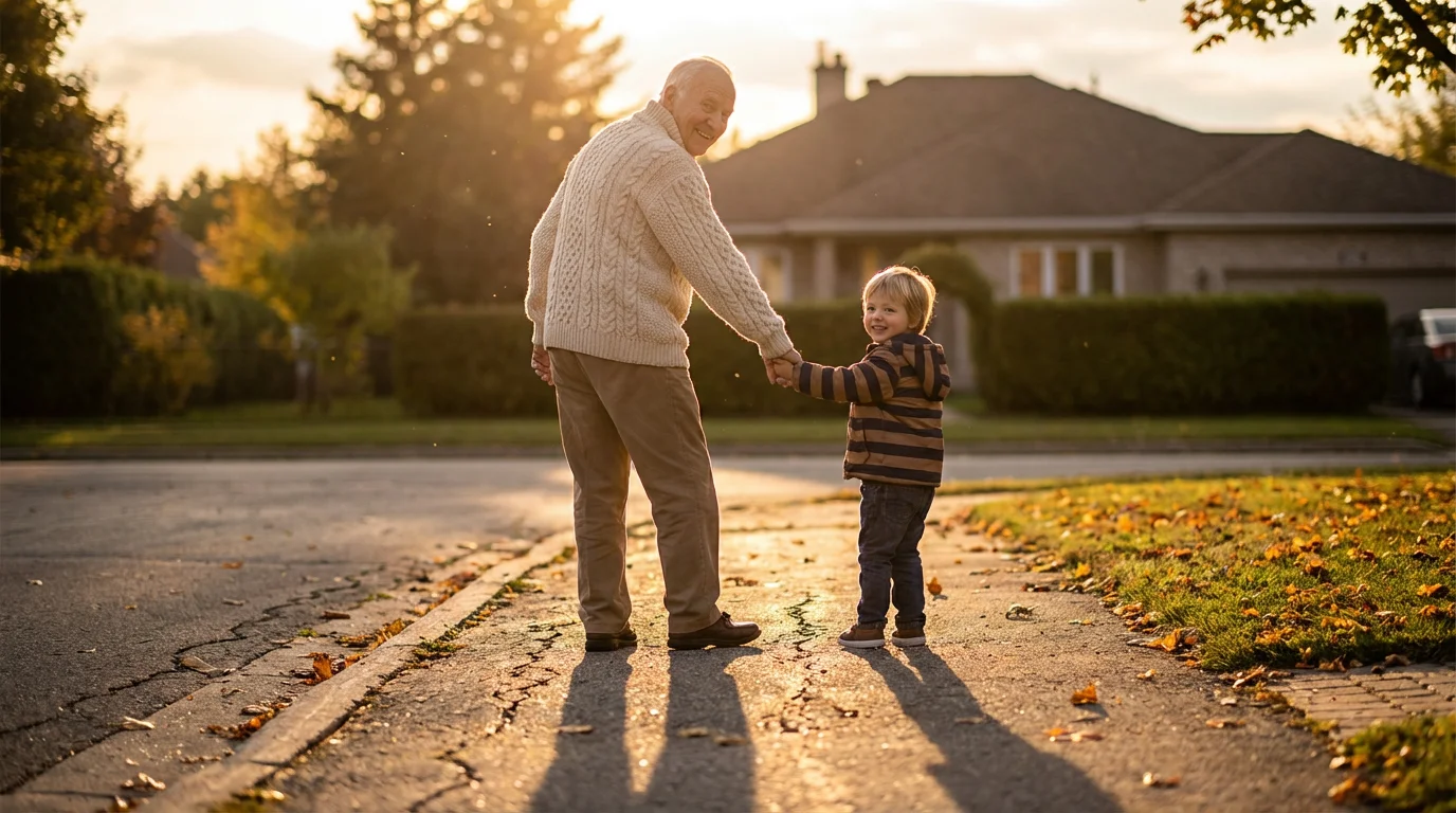 A grandfather and his grandchild walk hand-in-hand on a sidewalk at golden hour.