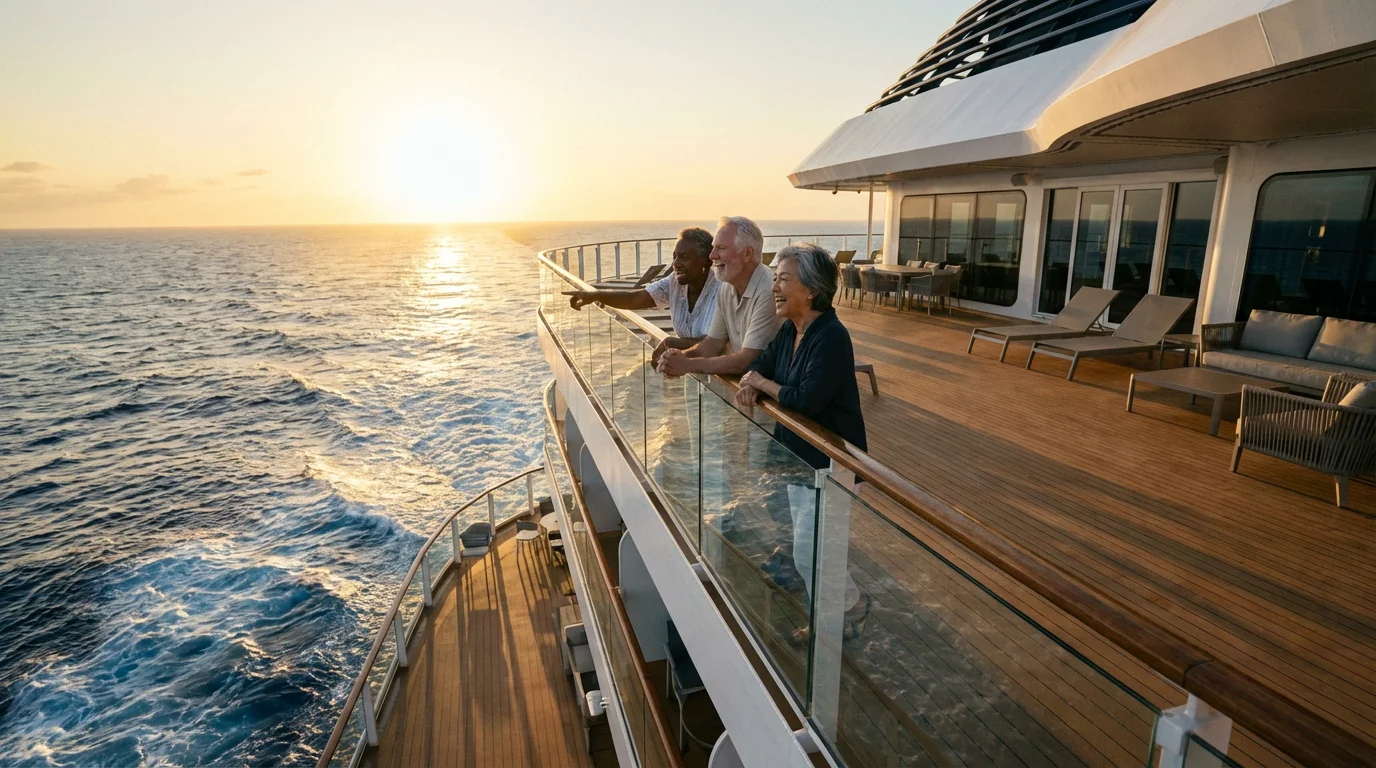 A group of seniors laughing on the aft deck of a cruise ship at sunset.
