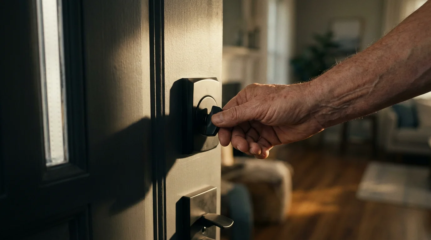 A hand locking a modern deadbolt on a front door in afternoon light.