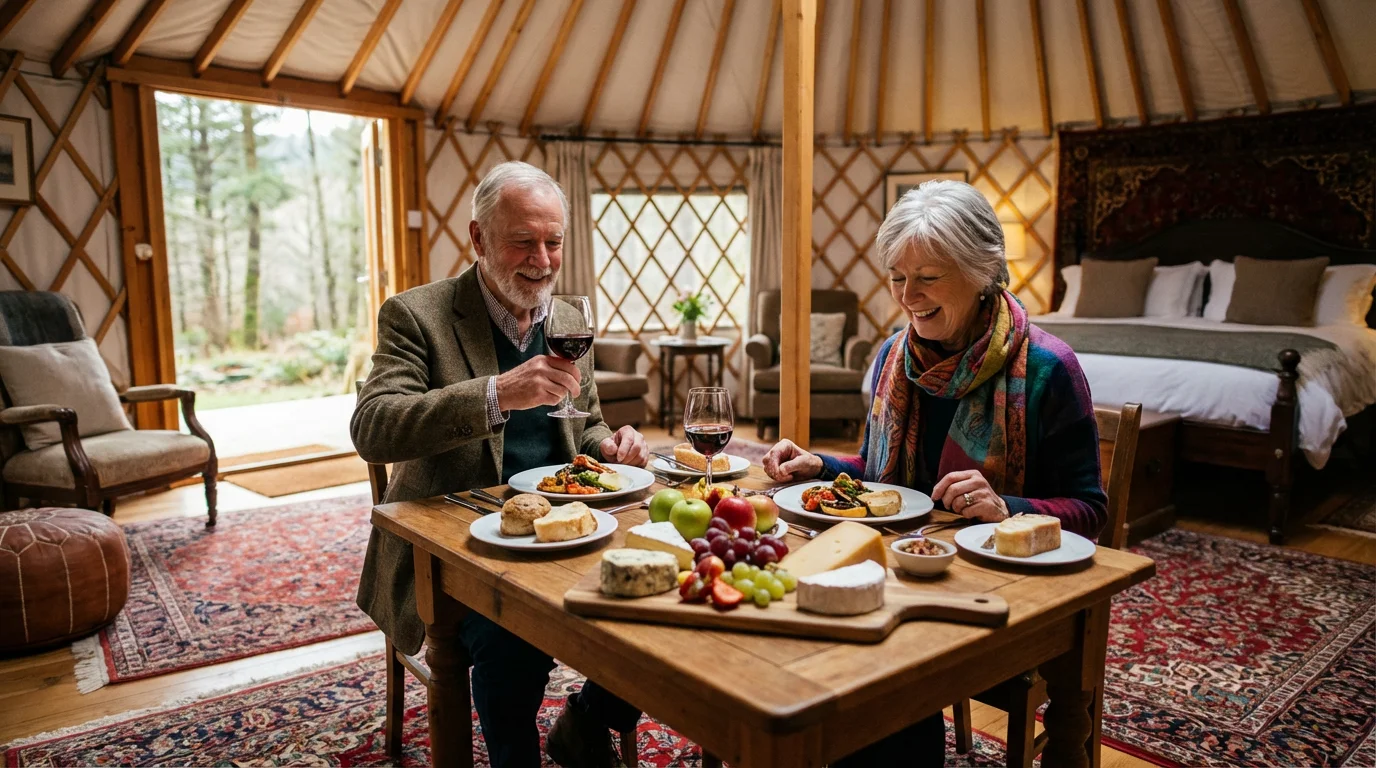 A happy senior couple enjoying a gourmet meal and wine inside a luxurious, sunlit yurt.