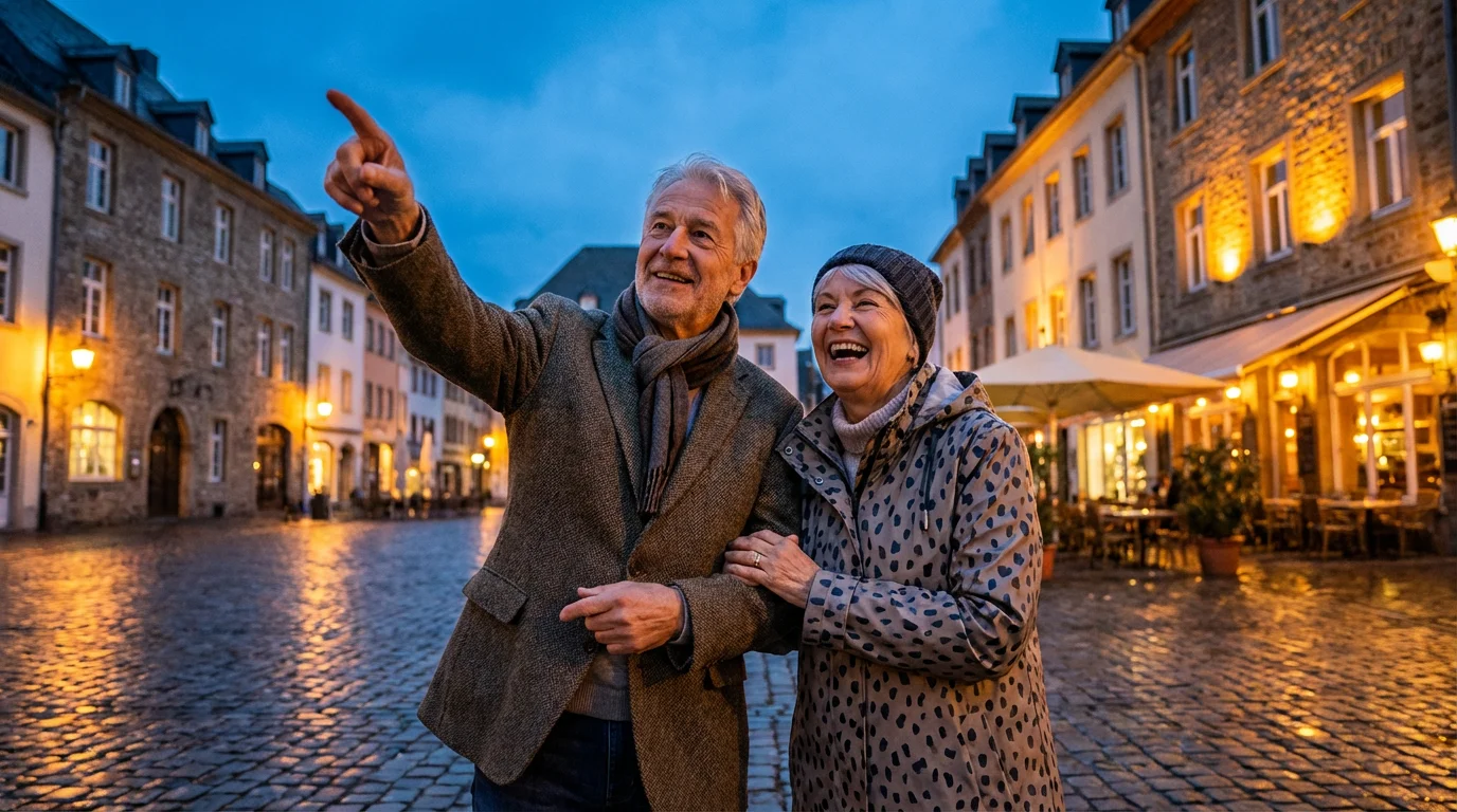 A happy senior couple enjoying a walk through a European town square at dusk.