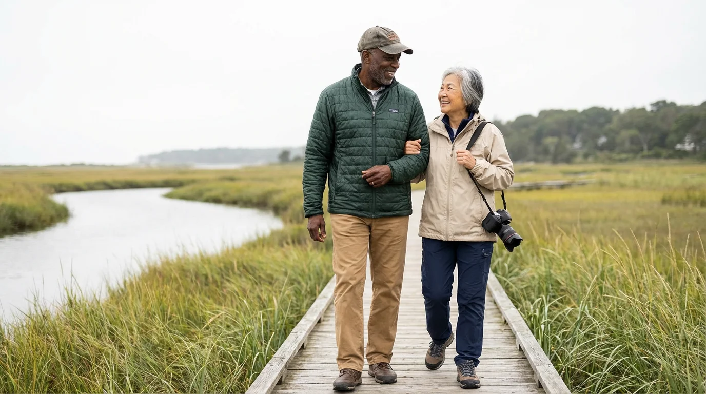 A happy senior couple enjoys a walk on a wooden boardwalk through a marsh.