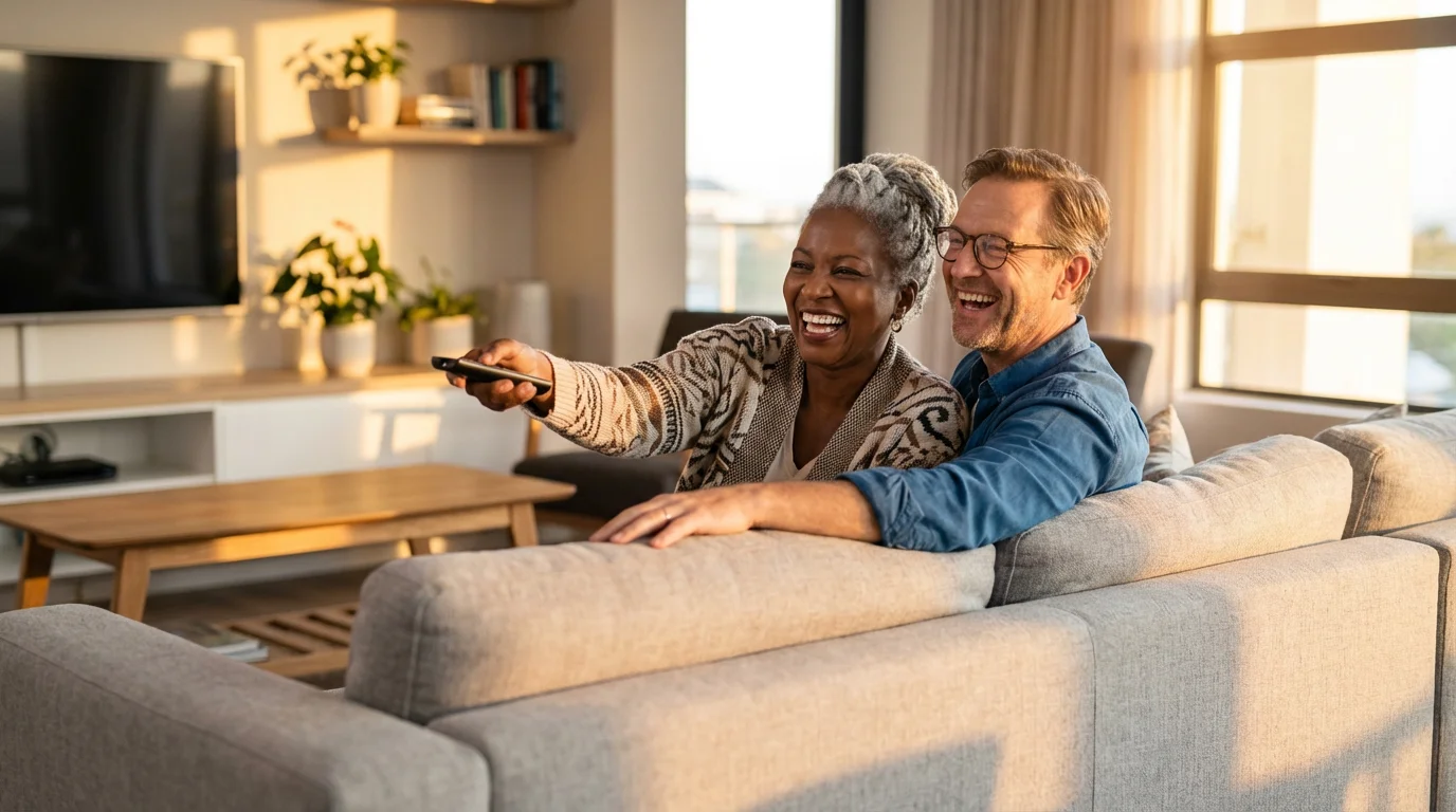 A happy senior couple laughs together on their sofa during golden hour, holding a TV remote.