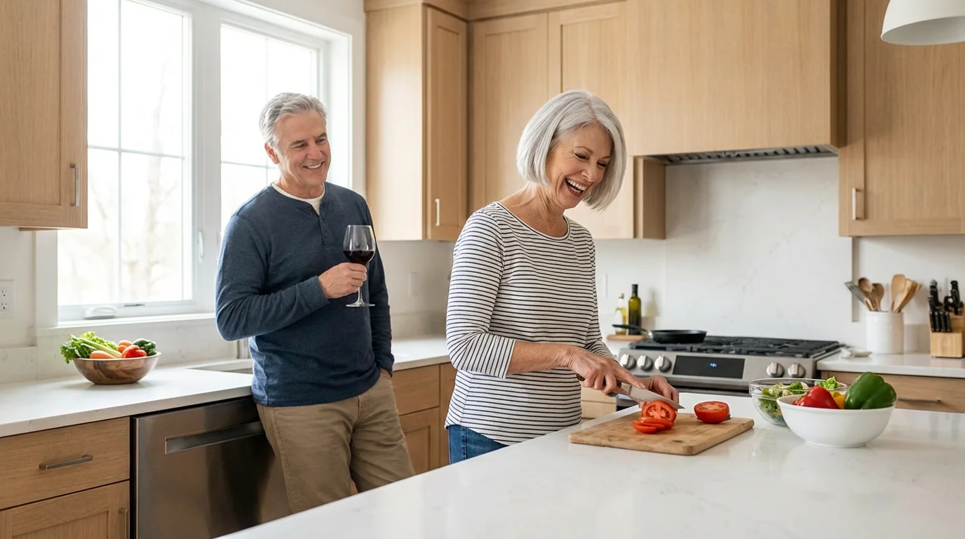 A happy senior couple prepares a healthy meal in a modern vacation rental kitchen.
