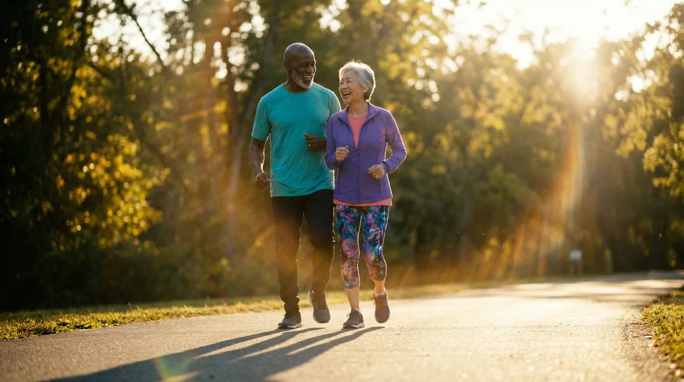 A happy senior couple takes a healthy walk through a park at sunset.