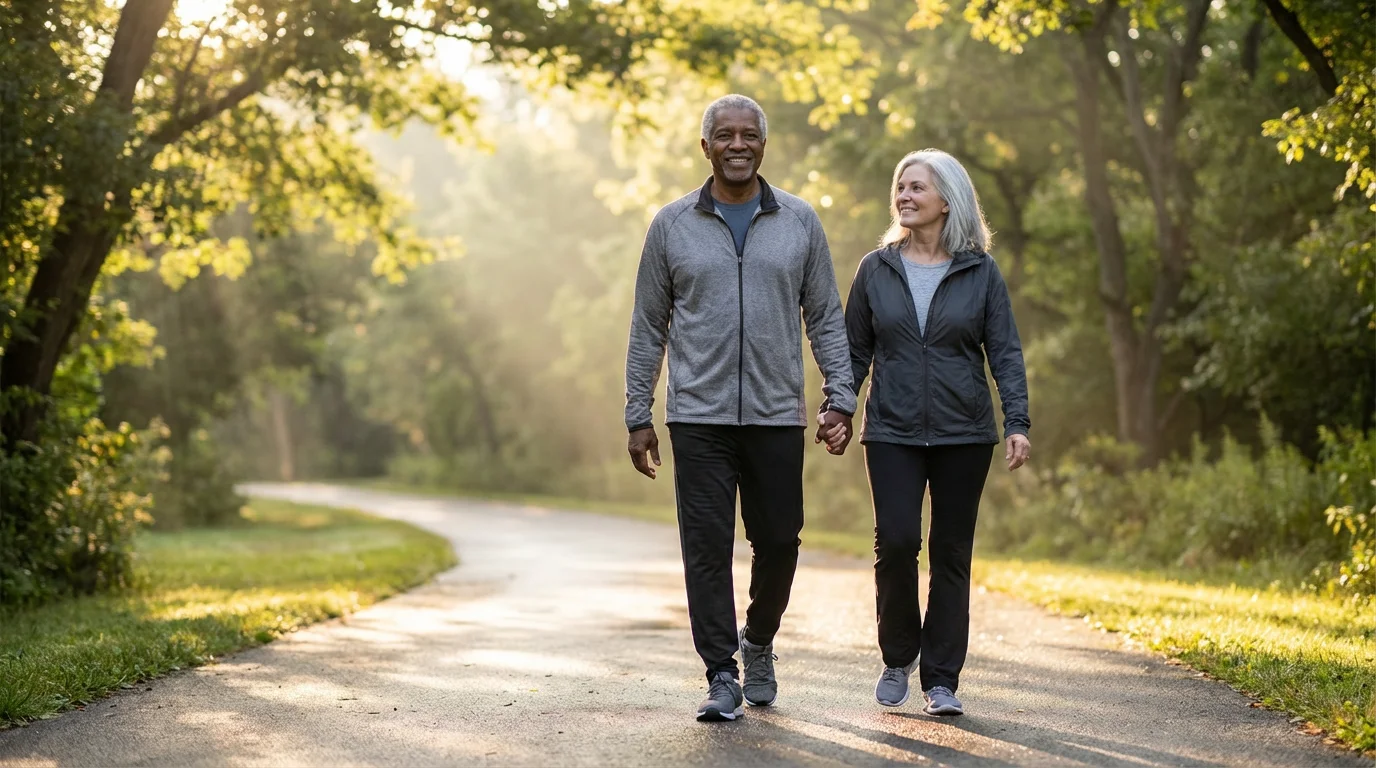 A happy senior couple walks confidently along a park path in the morning light.