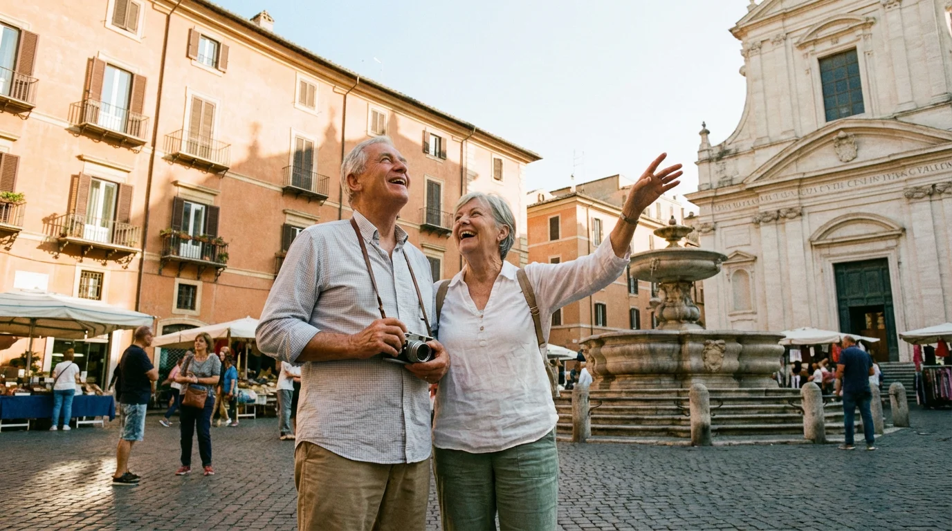 A happy senior couple with a camera enjoying the morning sun in an Italian piazza.