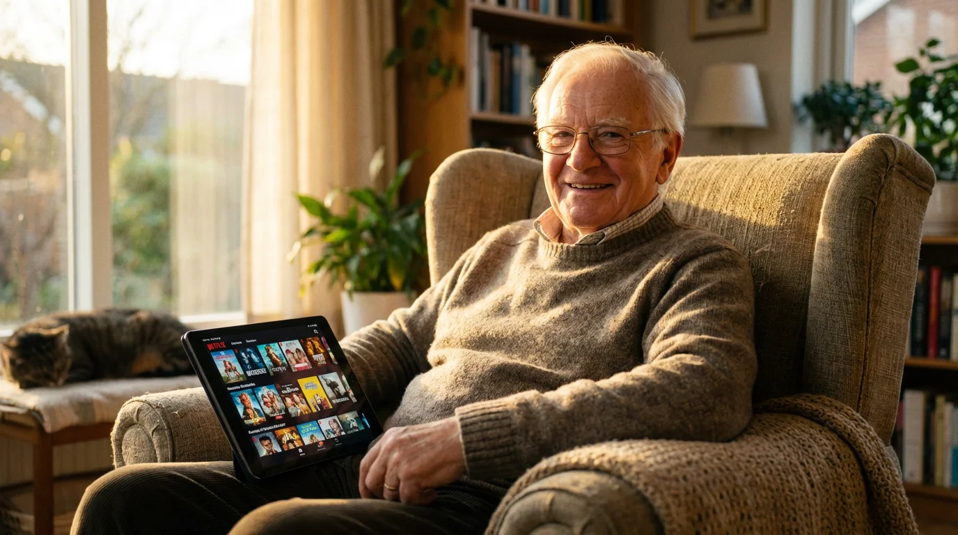 A happy senior man sits in an armchair during golden hour, using a tablet.