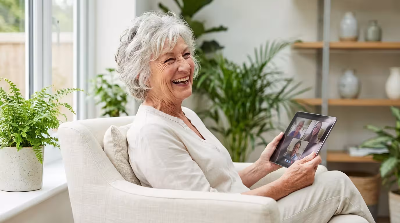 A happy senior woman sitting in an armchair while video calling on a tablet.
