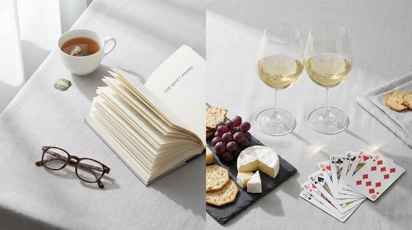 A high-angle flat lay contrasting solo staycation items with social items like wine.