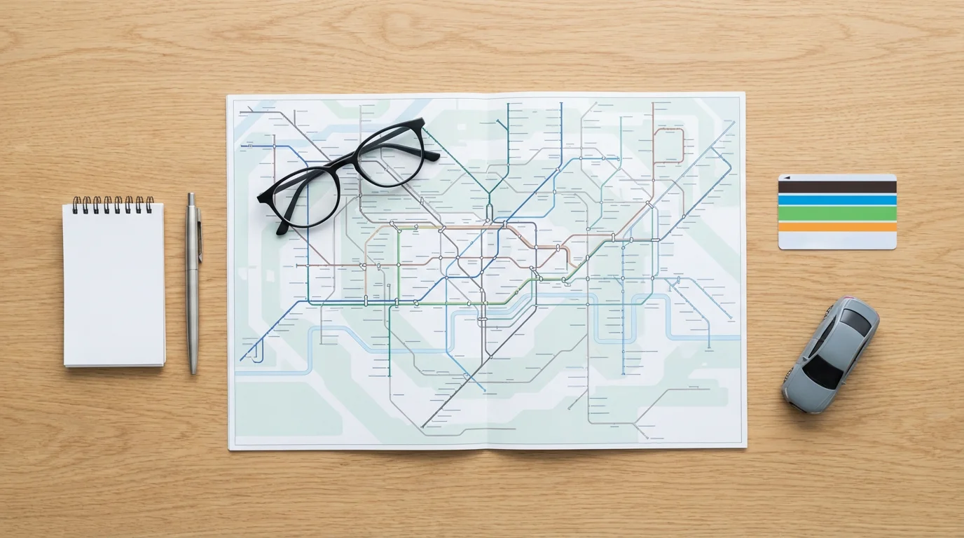 A high-angle flat lay of a city map, eyeglasses, and transportation planning tools.