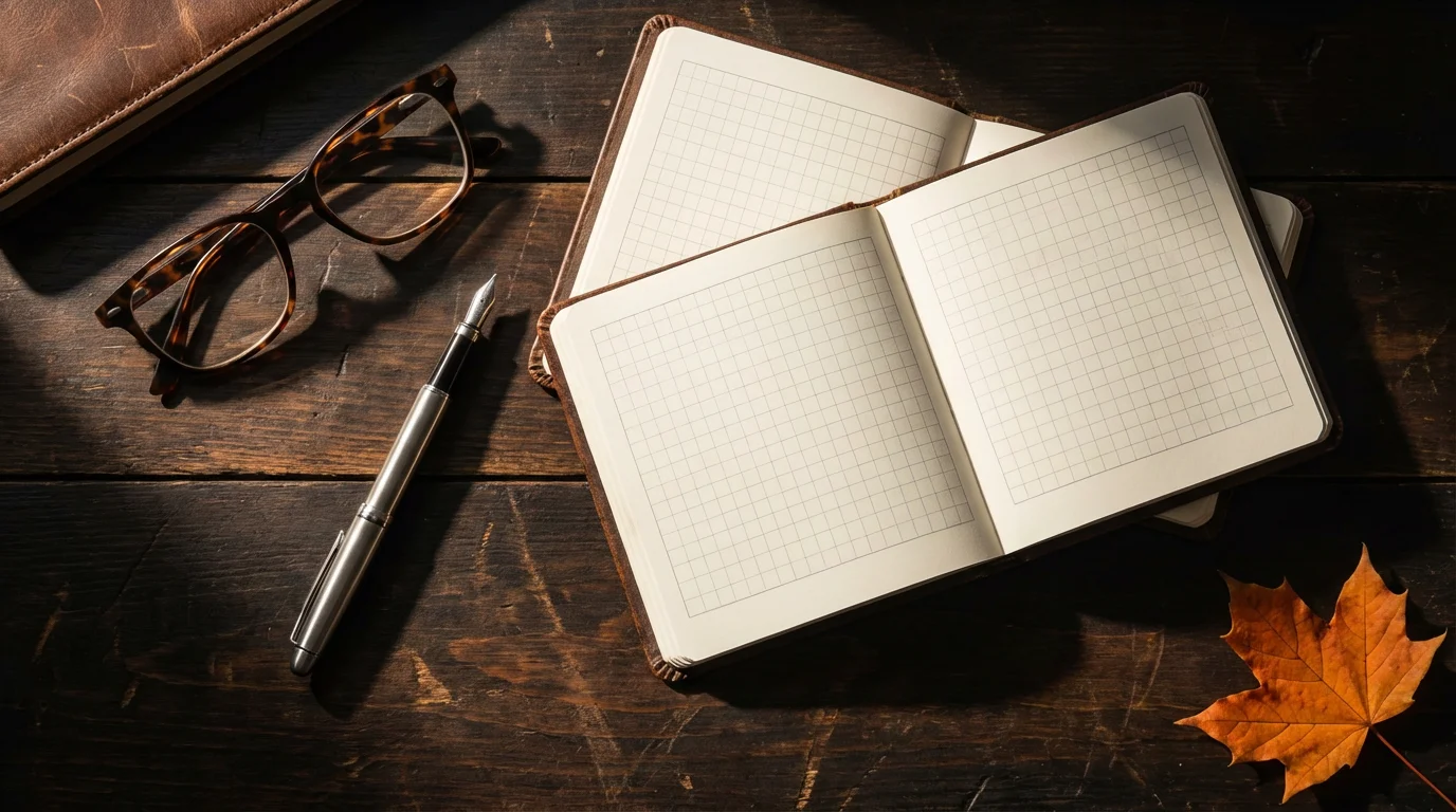 A high angle flat lay of a desk with glasses, pen, and planner.