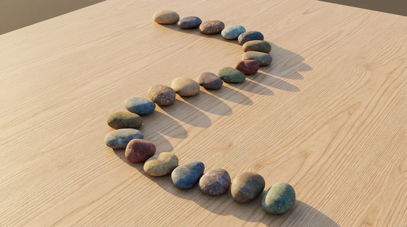 A high angle flat lay of colorful stones arranged in a unique path on a wooden surface.